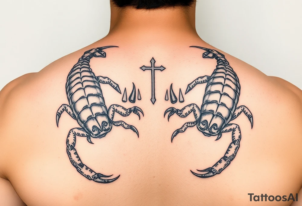 Dos poderosos escorpiones trepando por el cuerpo de la señora de la justicia tattoo idea