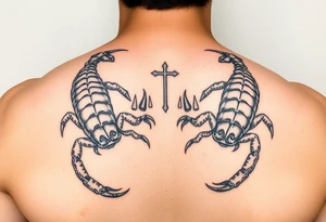 Dos poderosos escorpiones trepando por el cuerpo de la señora de la justicia tattoo idea