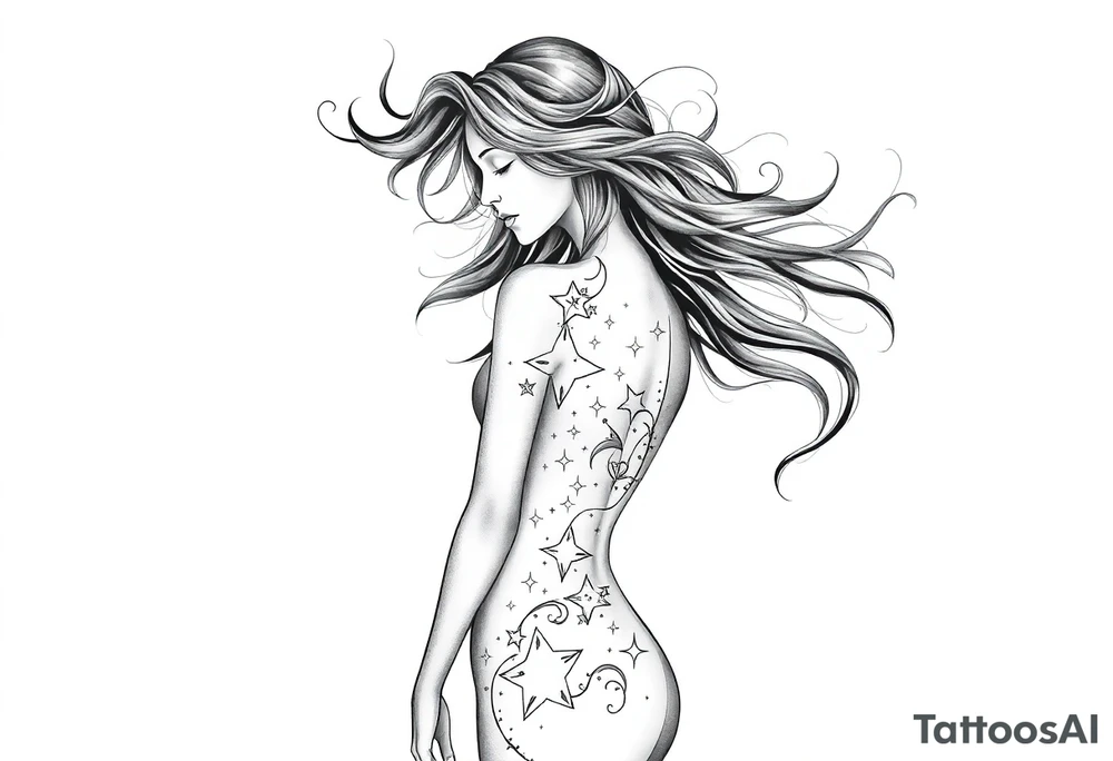 ethereal goddess body with flowing hair and beautiful celestial stars tattoo idea