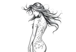 ethereal goddess body with flowing hair and beautiful celestial stars tattoo idea