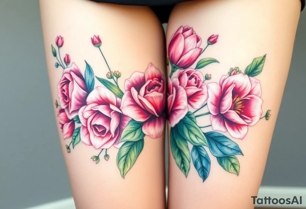 Realistic roses tulips and lilies 
and leaves with embellishments tattoo idea