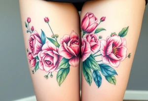 Realistic roses tulips and lilies 
and leaves with embellishments tattoo idea