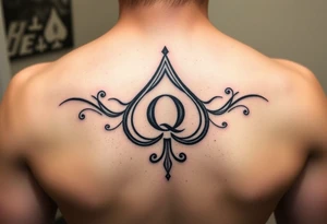 A spade womb tattoo with a Q in the center, with three points around the outside. The first reading, "BLACK". The second reading, "BABY". The third reading, "ONLY". tattoo idea