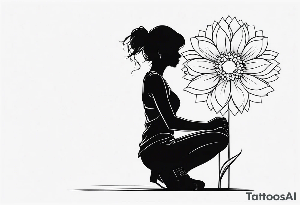silhouette of a girl with a bloomed flower head, kneeling tattoo idea
