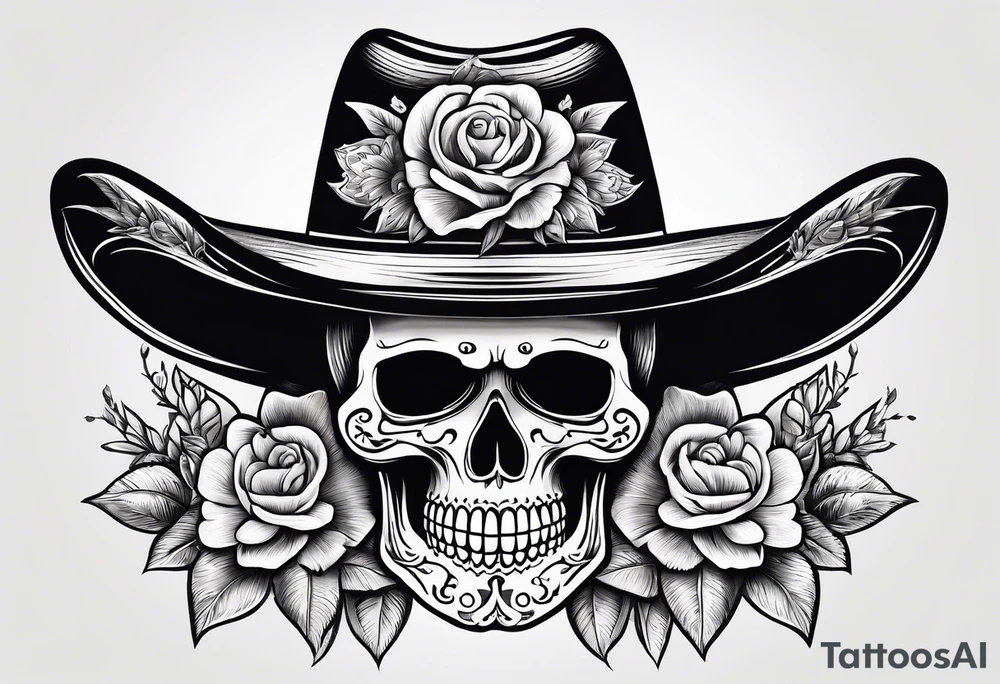 Mexican skull wearing cowboy hat with art paintbrushes and bluebonnets flowers tattoo idea