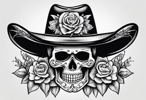 Mexican skull wearing cowboy hat with art paintbrushes and bluebonnets flowers tattoo idea