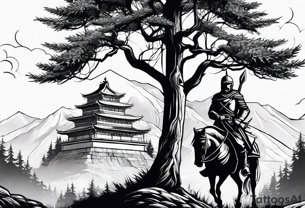minimalist tall gothic trees, with an ancient slavic rus soldier wearing a helmet and a spike in hand in the background tattoo idea