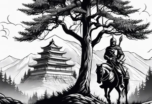 minimalist tall gothic trees, with an ancient slavic rus soldier wearing a helmet and a spike in hand in the background tattoo idea
