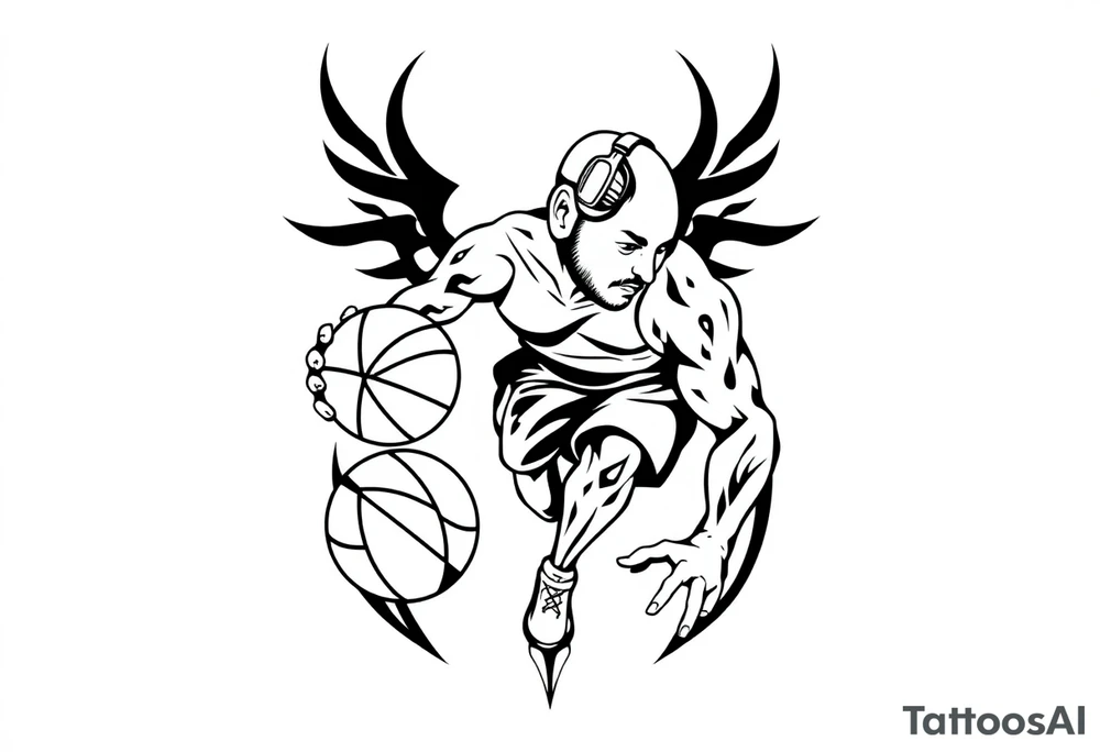 A guy dribbling a basketball with headphones on tattoo idea