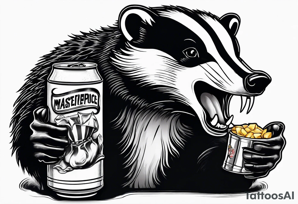 Angry badger with mouth open with soda can and chips in hands tattoo idea