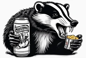 Angry badger with mouth open with soda can and chips in hands tattoo idea