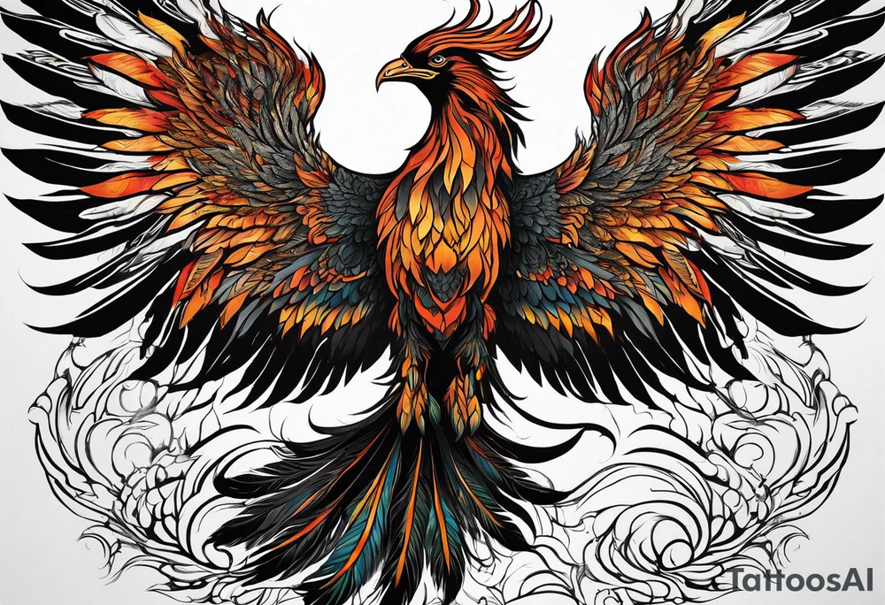 A majestic fire phoenix, rising powerfully with its wings spread wide and feathers flowing, representing rebirth and resilience. The phoenix is detailed with intricate feathers, creating a sense of movement and vitality. The design is bold, with deep shading and texture that adds dimension and intensity to its form. tattoo idea