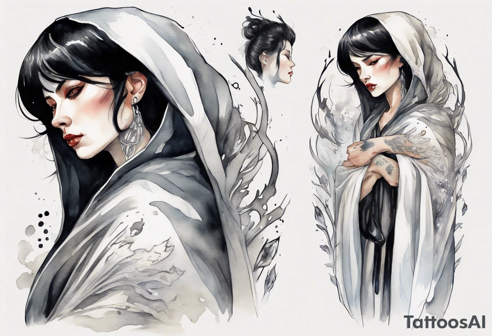 a middle aged woman with black hair with streak of white dressed in a black and silver cloak tattoo idea