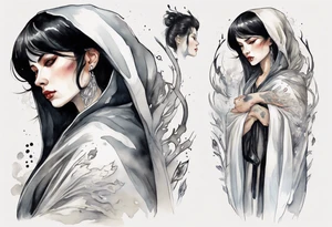 a middle aged woman with black hair with streak of white dressed in a black and silver cloak tattoo idea