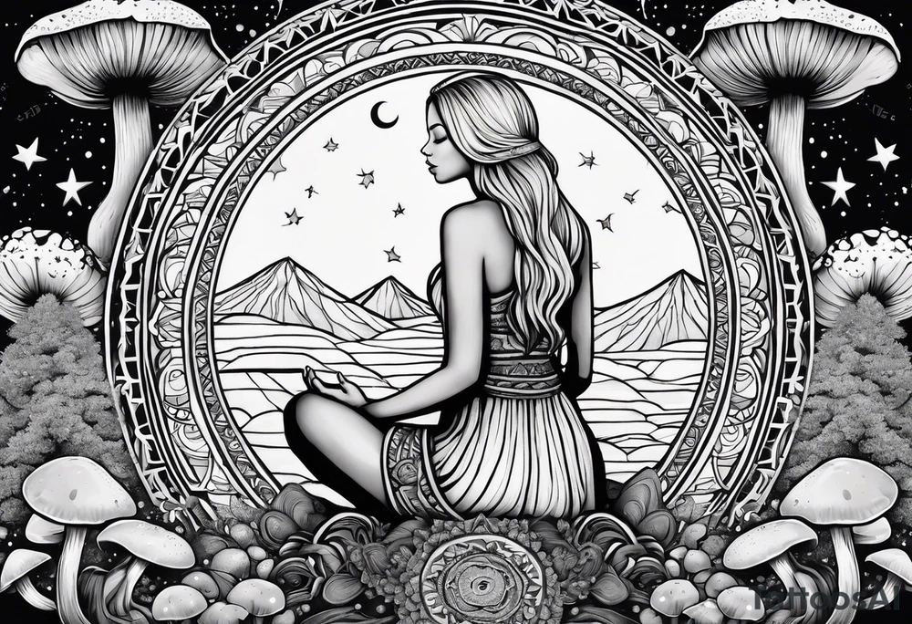 Straight blonde hair girl meditating facing away toward mountains surrounded by mushrooms crescent moon mandala circular design black and white striped dress tattoo idea