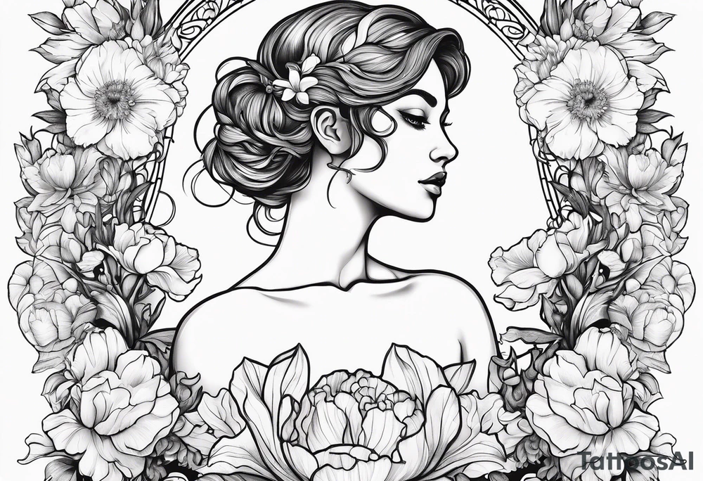 Female body outline surrounded by carnations
snow drops, iris, poppies, cosmos, and narcissus tattoo idea