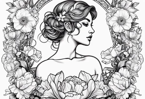 Female body outline surrounded by carnations
snow drops, iris, poppies, cosmos, and narcissus tattoo idea