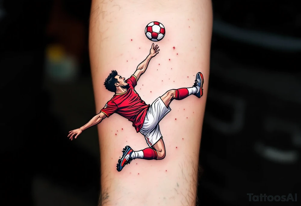 A comic-style football player doing a bicycle kick, red jersey sparkling, white shorts flying, with a red-and-white ball overhead. tattoo idea