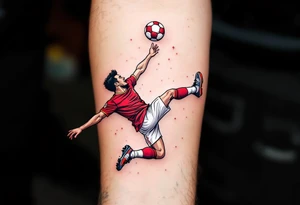 A comic-style football player doing a bicycle kick, red jersey sparkling, white shorts flying, with a red-and-white ball overhead. tattoo idea