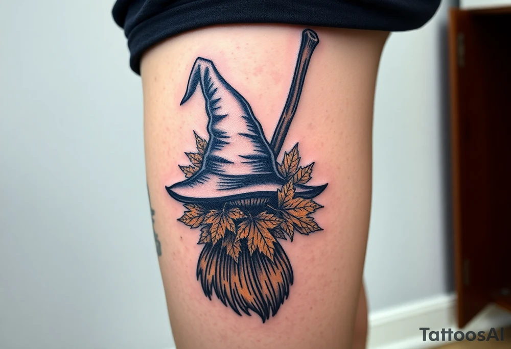 Which is broom with handle
 a witches hat with fall maple leaves tattoo idea