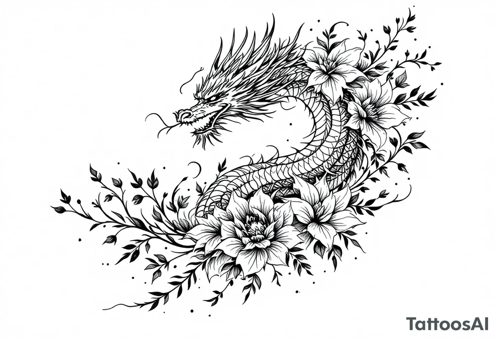 un dragon central entouré de fleurs de lys de style avec des ombrages dans un style assez fin tattoo idea