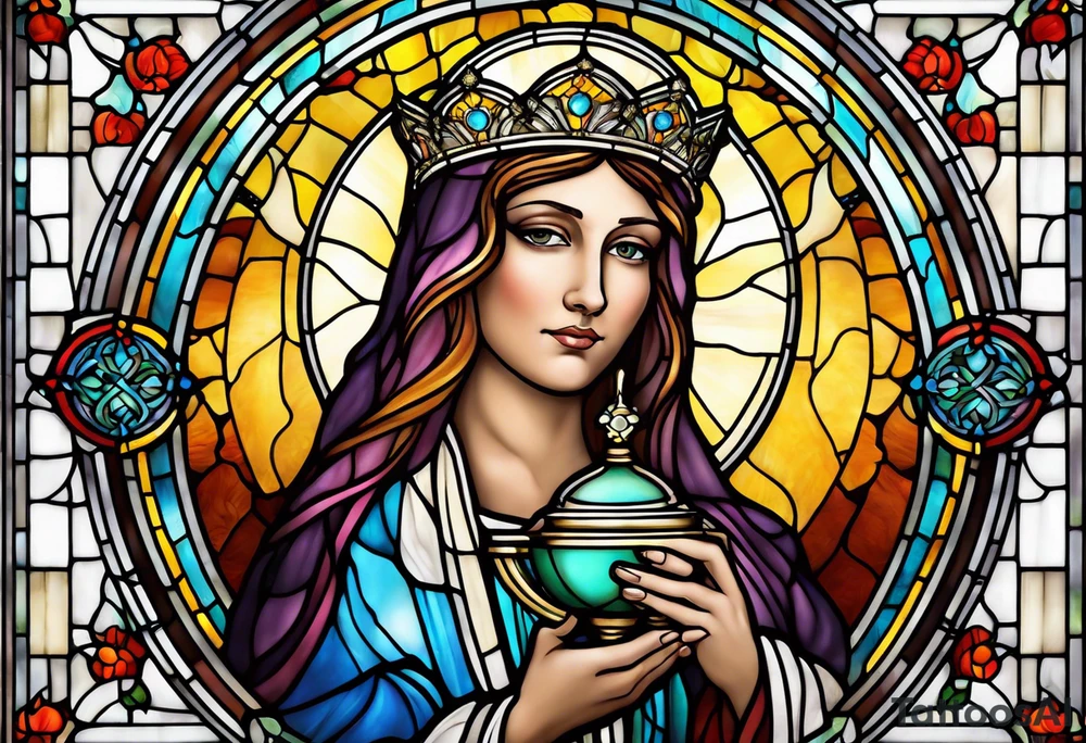 holy saint woman with halo stained glass holding a chalice tattoo idea