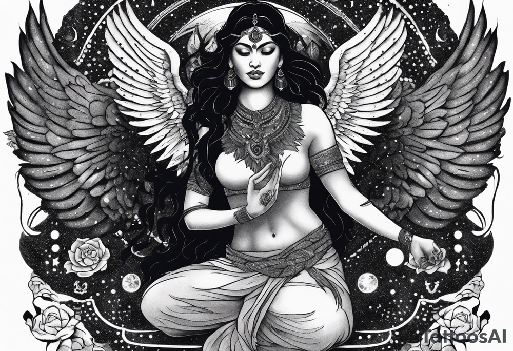 black kali, goddess pirate, alien, angel, pachamama, valkrye, warrior, flying, skull, lotus azul, wing, eagle, zenza resonance, stars, 5D, anahata chakra, death, durga, riding on a tiger, flying lady, kundalini, chest tatoo, samuri, rebel, serpent tattoo idea