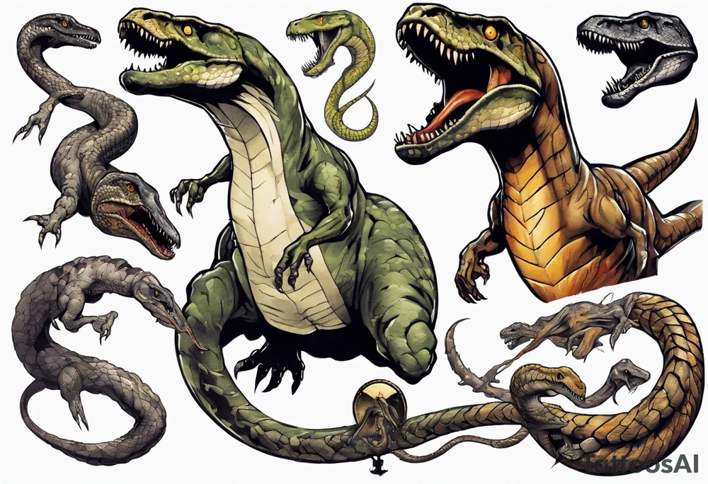 Huge prehistoric snake fighting a T rex tattoo idea
