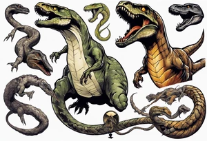 Huge prehistoric snake fighting a T rex tattoo idea
