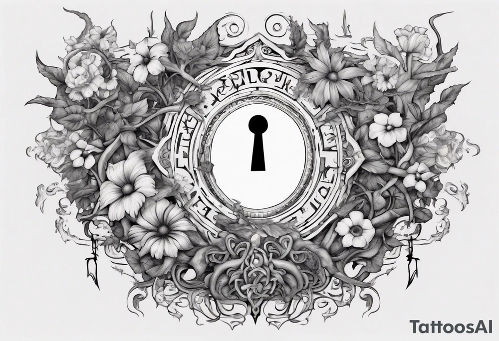 an intricate keyhole surrounded by elements like vines, flowers, and celestial symbols. Inside the keyhole, incorporate personal symbols or imagery that hold significance to the individual. tattoo idea