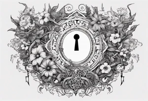 an intricate keyhole surrounded by elements like vines, flowers, and celestial symbols. Inside the keyhole, incorporate personal symbols or imagery that hold significance to the individual. tattoo idea