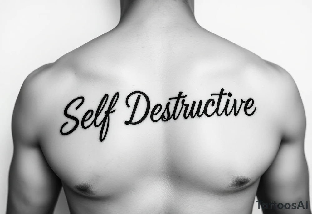 Outline of the words Self Destructive in a bold think cursive font lettering across the chest tattoo idea