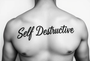 Outline of the words Self Destructive in a bold think cursive font lettering across the chest tattoo idea