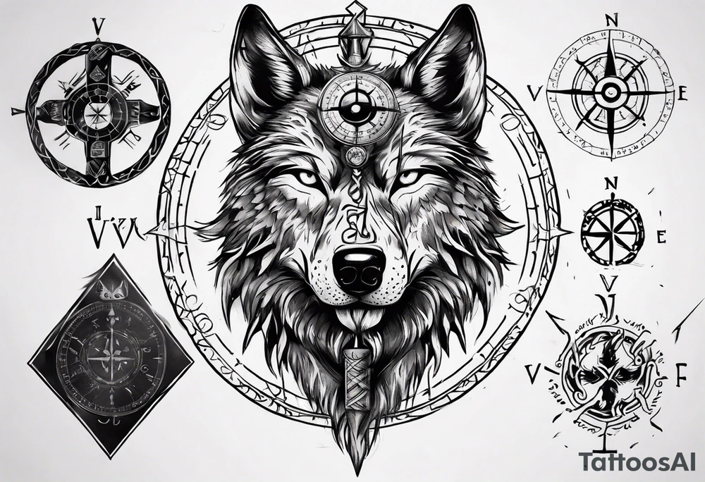 Black wolf with Viking Vegvísir compass on its forehead tattoo idea