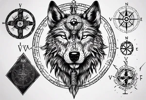 Black wolf with Viking Vegvísir compass on its forehead tattoo idea