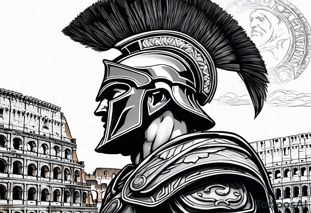 Side profile of spartan soilder looking left at Roman colosseum tattoo idea