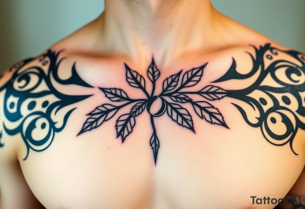on the chest an oak branch with thick leaves and acorns oak branch with thick leaves and acorns tattoo idea