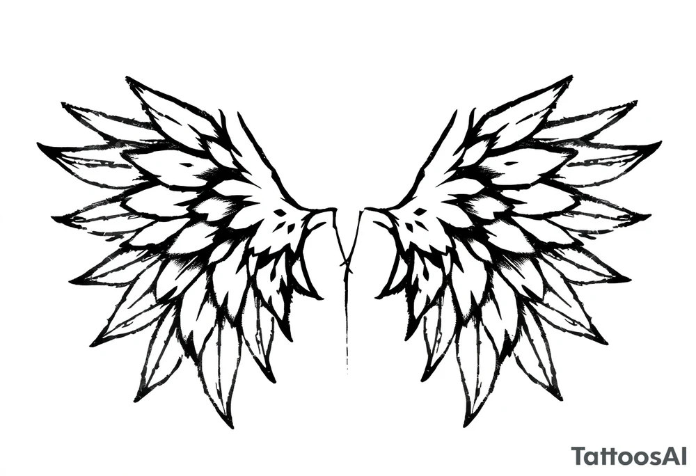 This tattoo design features a pair of stylized wings drawn in black ink with a sketch-like, abstract aesthetic. The wings are composed of sharp, angular feathers with jagged edges, giving them a rough, almost tribal or gothic appearance. The shading is done with a mix of soft gradients and stippling, adding depth and texture to the design. The center where the wings meet is fragmented, with thin lines extending downward, creating a sense of movement and raw energy. This design would make for a bold and edgy tattoo, symbolizing freedom, strength, or a rebellious spirit. tattoo idea