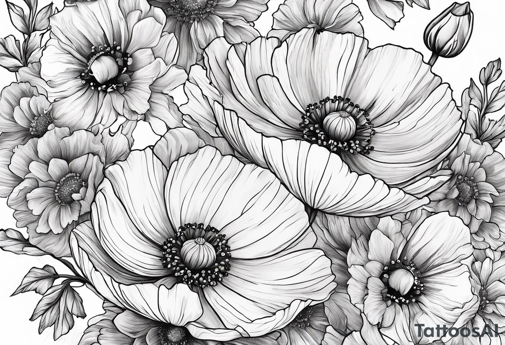 Cosmos, Poppy’s and Honeysuckle tattoo idea