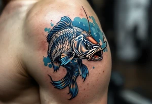 A carp with a fisherman’s hook in its mouth, with metallic silver and deep blue highlights, capturing the struggle between man and nature. tattoo idea