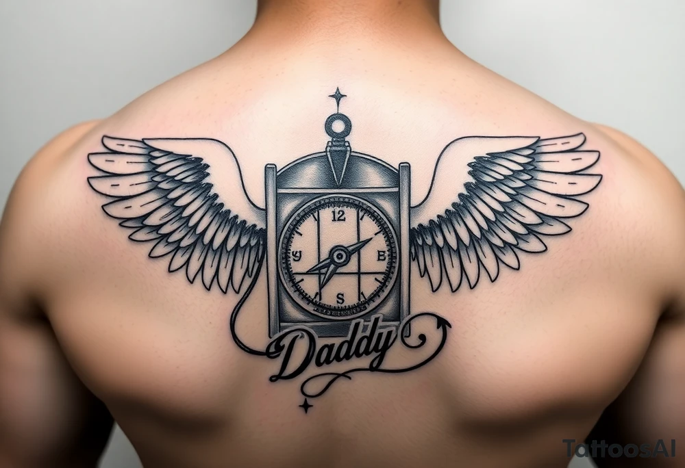 Slot machine and compass with word Daddy and angel wings tattoo idea