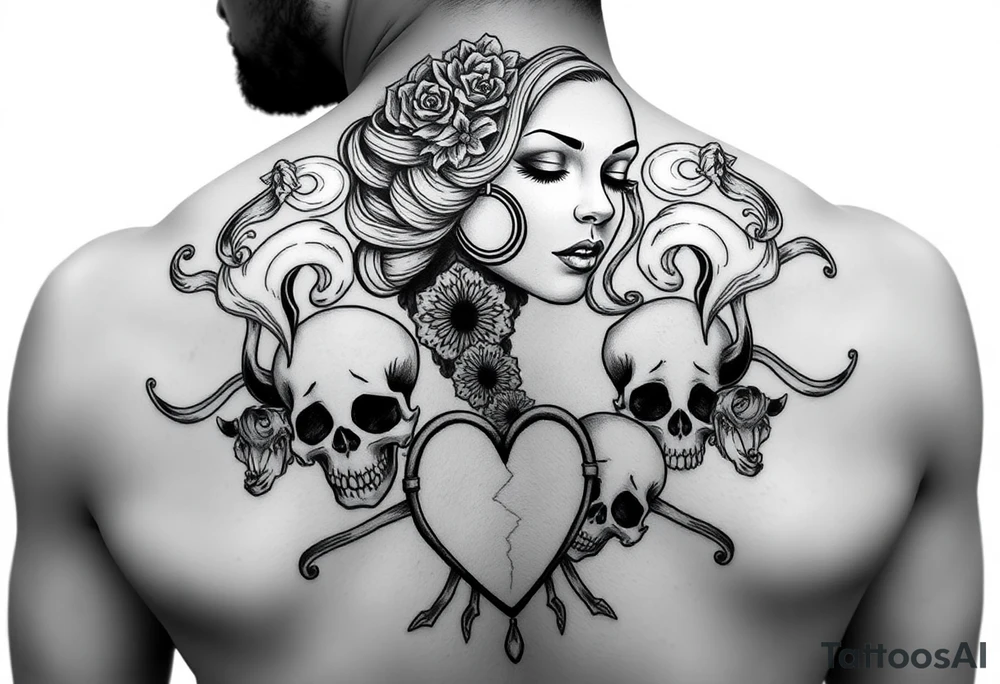 Chola sadgirl surrounded by mandala smoke and skulls with broken hearts tattoo idea