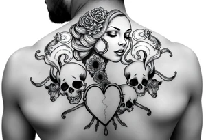 Chola sadgirl surrounded by mandala smoke and skulls with broken hearts tattoo idea