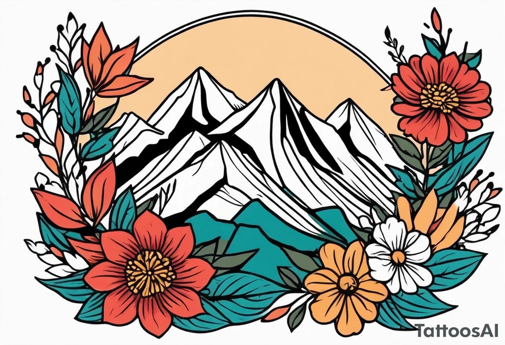 mountains
old school vintage simple traditional design with vintage flowers surrounding
bold color simple tattoo idea