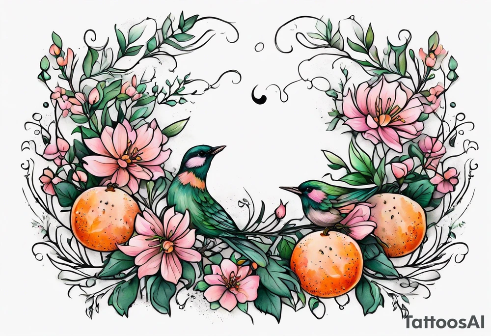 Small floral cottagecore witchy with pinks, oranges and greens. tattoo idea