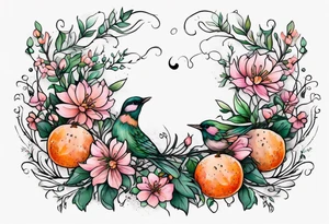 Small floral cottagecore witchy with pinks, oranges and greens. tattoo idea