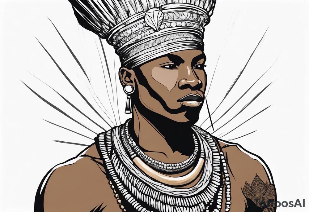 Black-skinned bald african warrior. He wears a simple and small silver crown. He uses a necklace of cowry shells tattoo idea