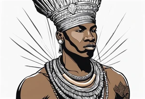Black-skinned bald african warrior. He wears a simple and small silver crown. He uses a necklace of cowry shells tattoo idea
