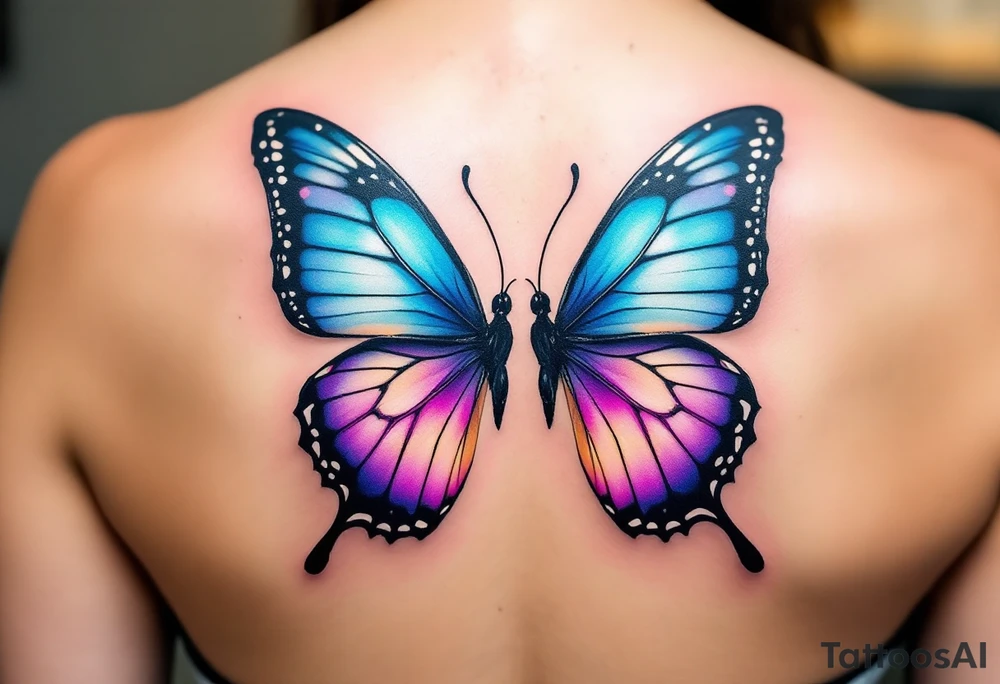 One has a half butterfly wing in shades of blue and violet, the other the mirrored wing, completing the butterfly across both bodies. tattoo idea