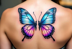 One has a half butterfly wing in shades of blue and violet, the other the mirrored wing, completing the butterfly across both bodies. tattoo idea
